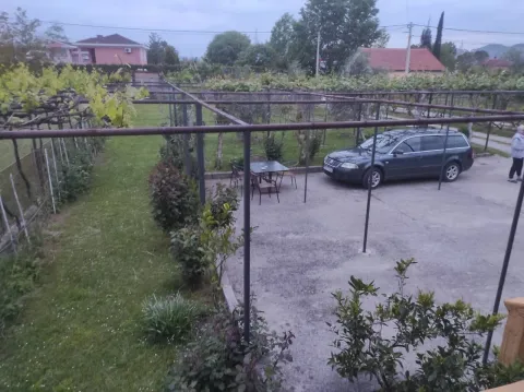 Spacious yard with a paved parking area and landscaped greenery. - image 12