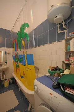 Kupatilo sa kadom, tuš zavesom sa motivom palme i veš mašinom. - image 13