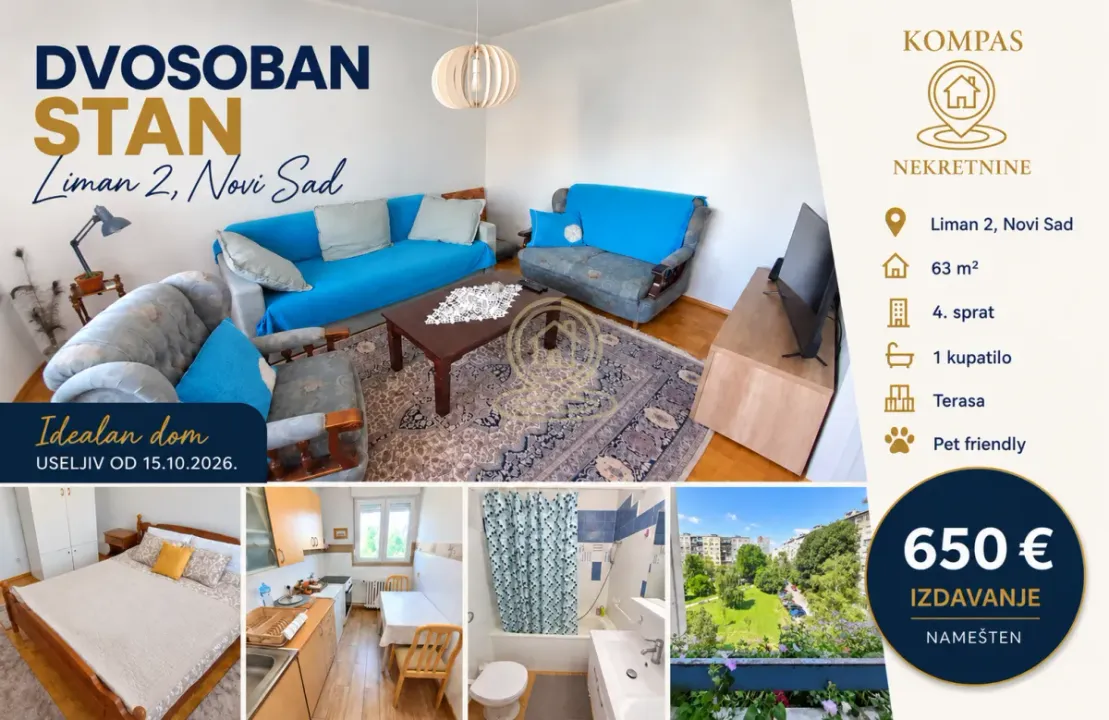 Rent, two bedroom apartment, 63m², Liman 2, Novi Sad Sve Podlokacije