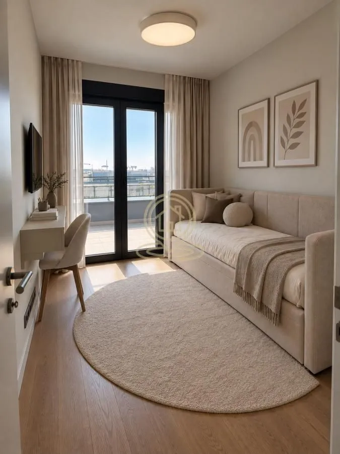 Furnished bedroom with a bed, desk, and access to the terrace.