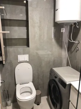 A bathroom with a toilet, washing machine, and water heater. - image 25