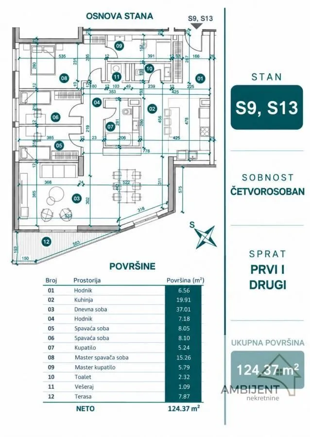 Osnova četvorosobnog stana sa rasporedom prostorija i površinama.