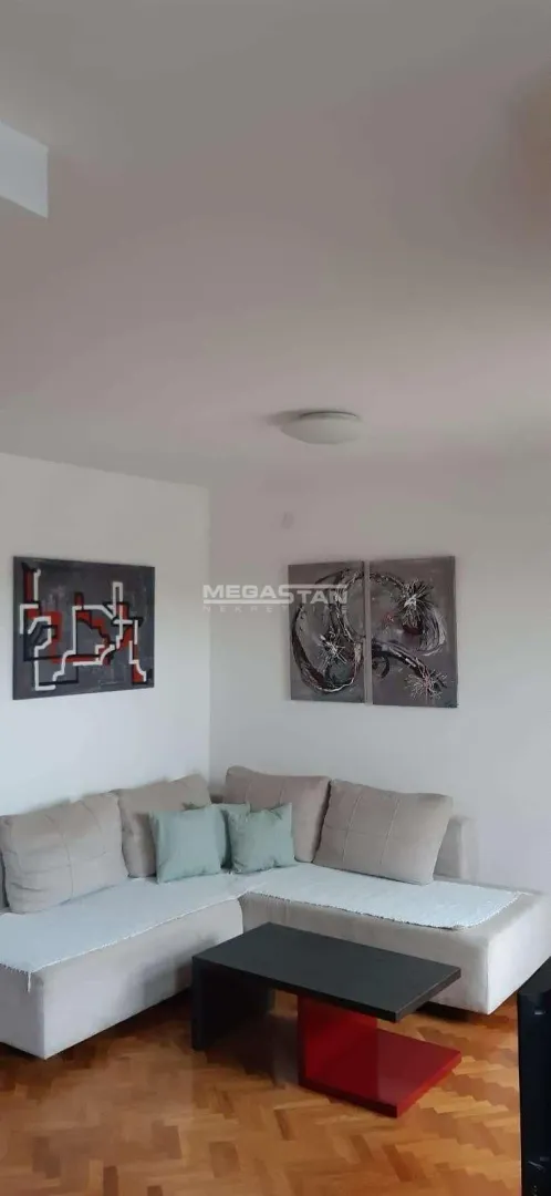 Living room with a sectional sofa, coffee table, and wall paintings.