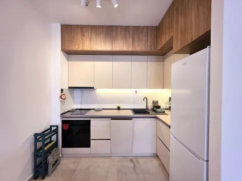 Modern kitchen with white cabinets, wooden upper storage, and built-in appliances. - image 7