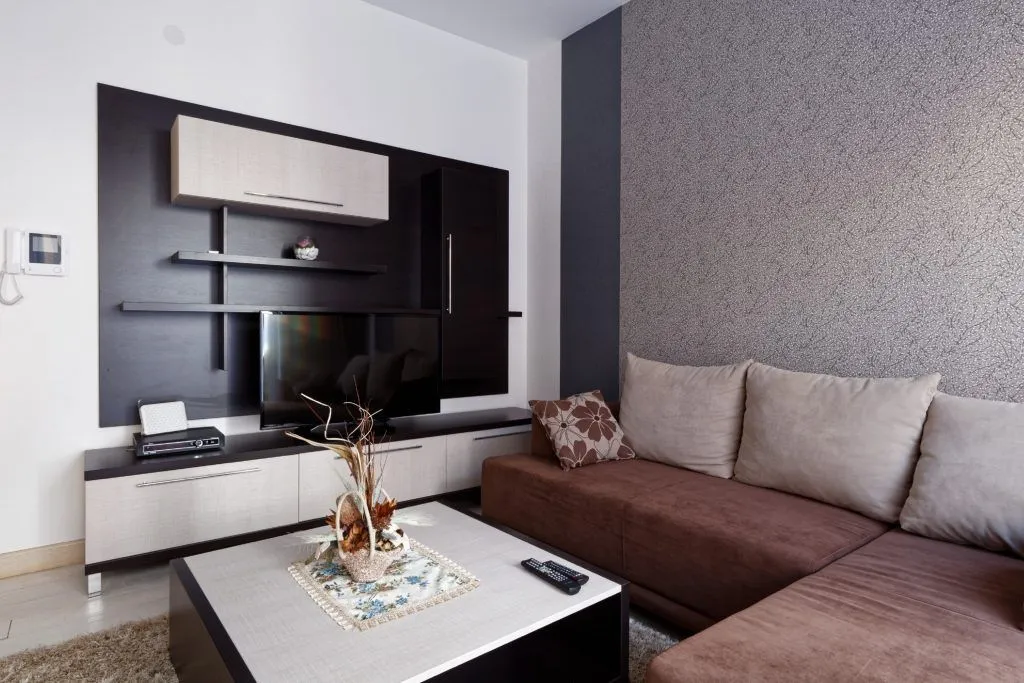 Modern and bright living room with a sofa and TV unit.
