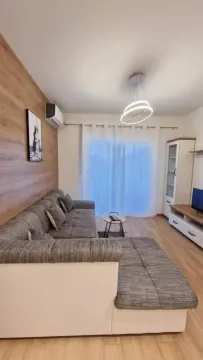 Living room with a sectional sofa, wood panel wall accent, and TV unit. - image 4