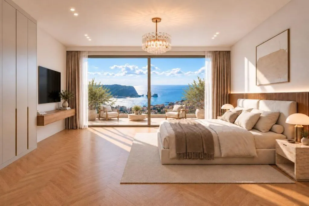Spacious bedroom with a large double bed, wardrobe, and a sea view.