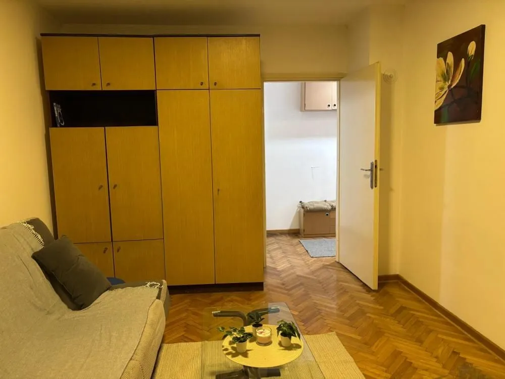 Living room with a sofa, a large wardrobe, and wooden parquet flooring.