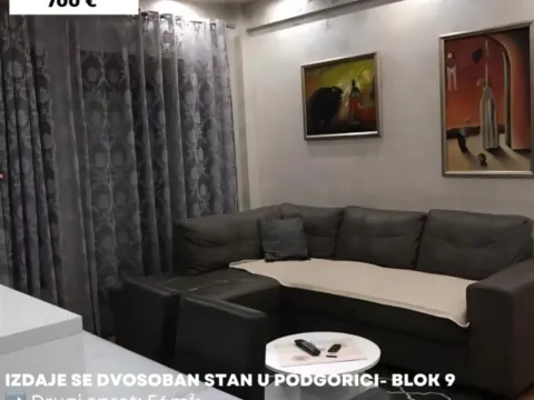 Izdavanje, dvosoban stan, 56m², Blok 9, Podgorica