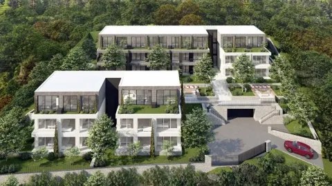 3D render stambenog kompleksa sa uređenim dvorištem i zelenilom. - image 3