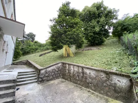 Yard with paved area, stairs, and a grassy slope with trees. - image 2