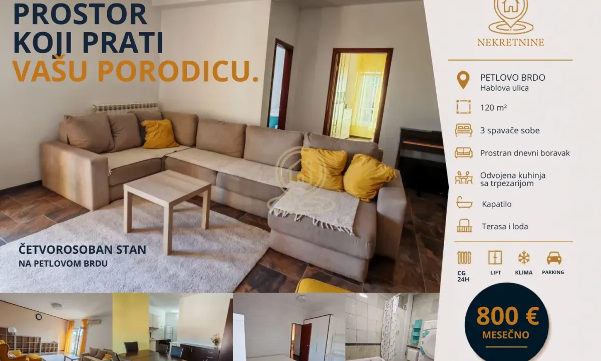 Izdavanje, četvorosoban stan, 120m², Petlovo Brdo, Beograd