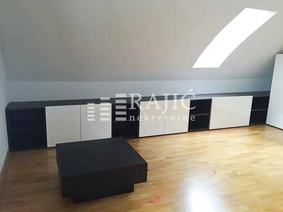Attic room with built-in closets and a skylight.