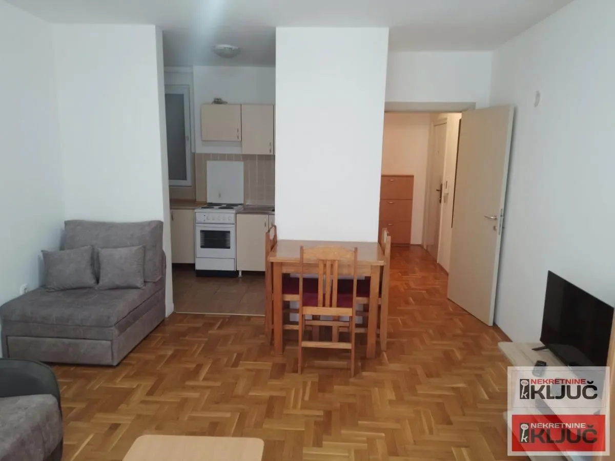 Dnevna soba sa trpezarijom i kuhinjom u pozadini.