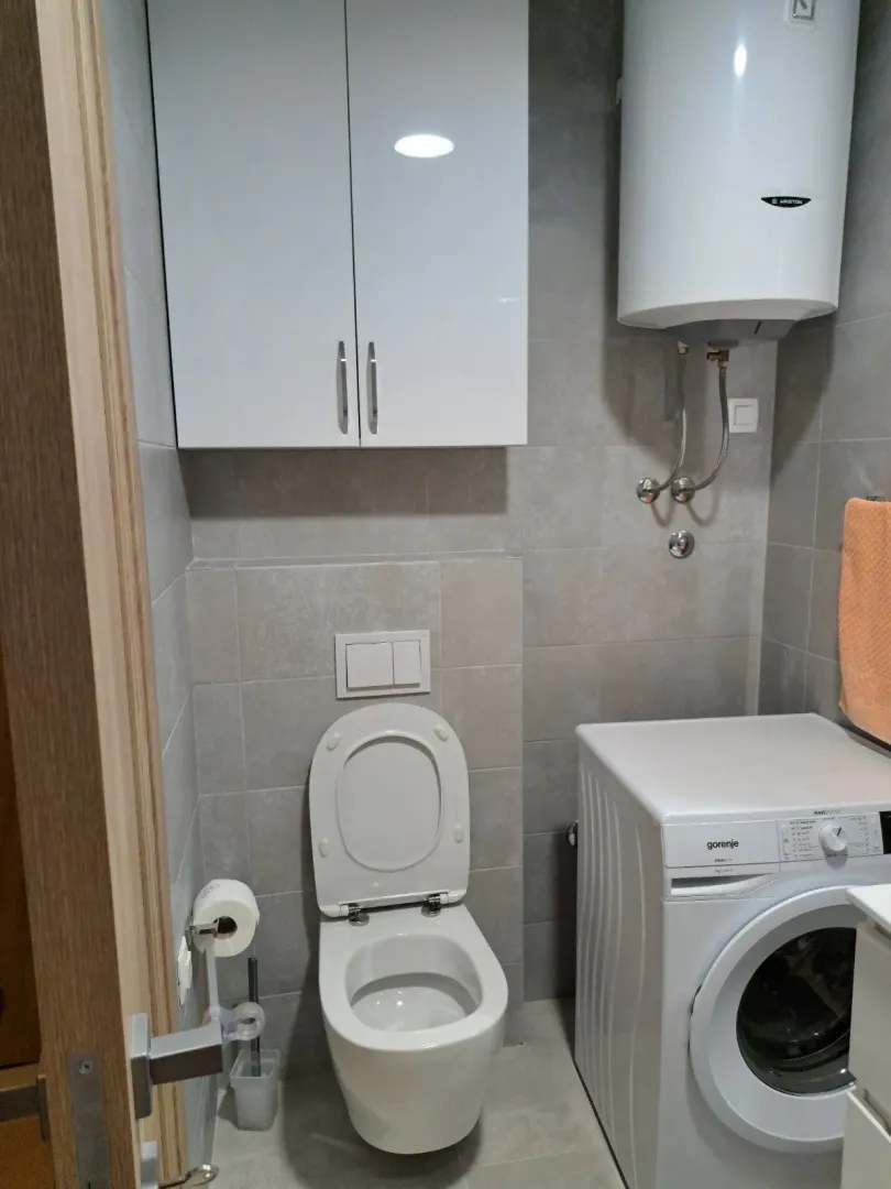 Malo kupatilo sa toaletom, veš mašinom i bojlerom.