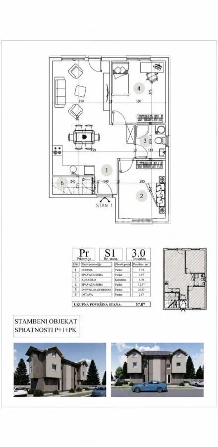 Osnova stana sa rasporedom prostorija, dimenzijama i spoljašnjim izgledom objekta.