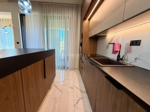 Modern kitchen with dark cabinetry and an island. - image 9