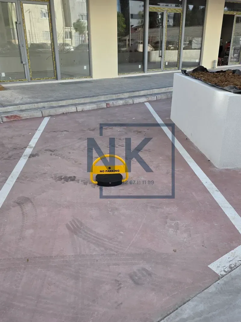 Marked parking space with a barrier in front of the building entrance.