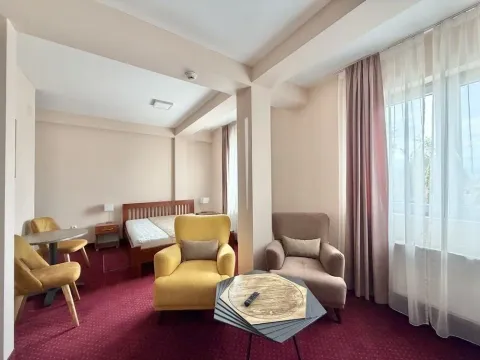Spacious room with a bed, armchairs, and a carpet. - image 5