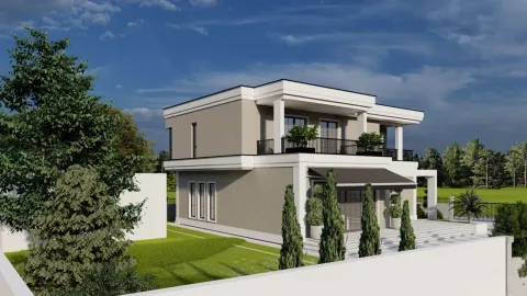Eksterijer moderne dvospratne kuće sa uređenim dvorištem. - image 3
