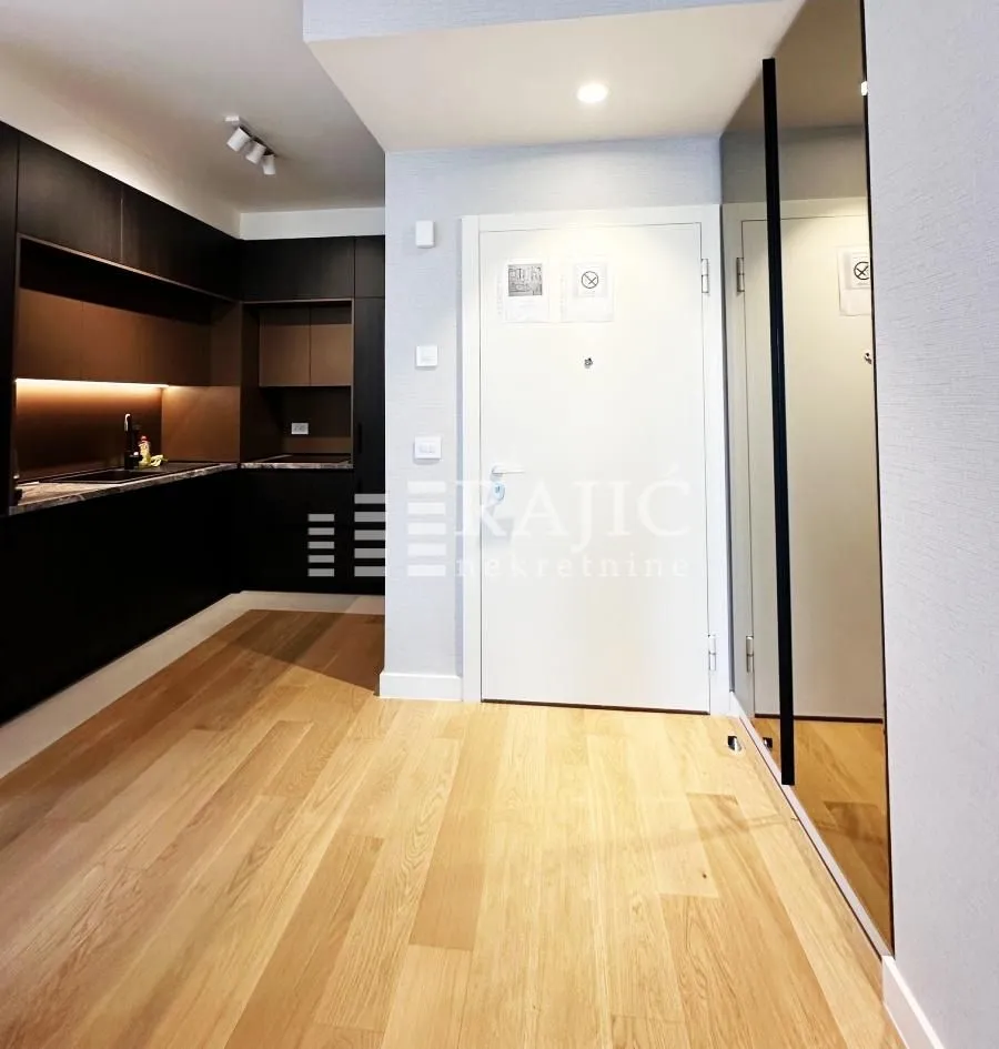 Modern kitchen connected to the hallway with a wooden floor.
