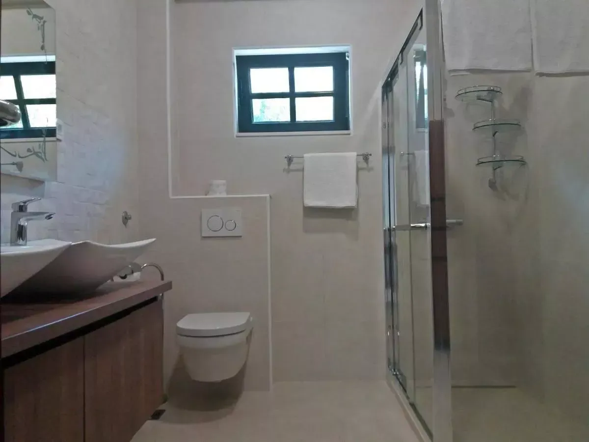 Moderne kupatilo sa tuš kabinom, umivaonikom i ugrađenom šoljom.