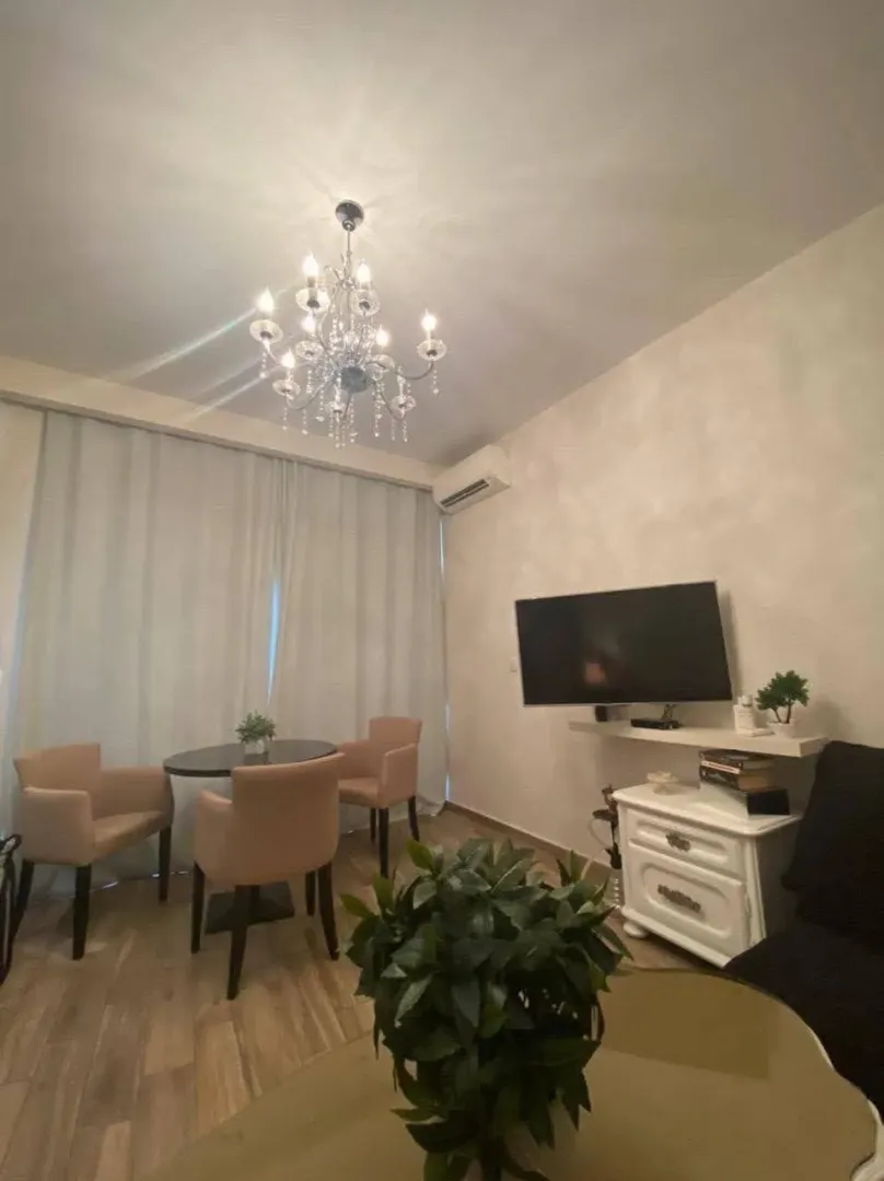 Dnevni boravak sa garniturom, TV-om i trpezarijskim stolom sa stolicama.
