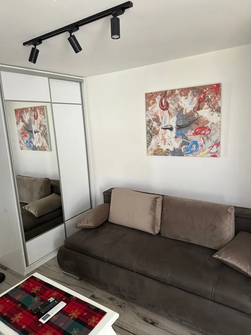Udobna dnevna soba sa braon trosjedom, bijelim ormarom sa ogledalom i slikom na zidu.