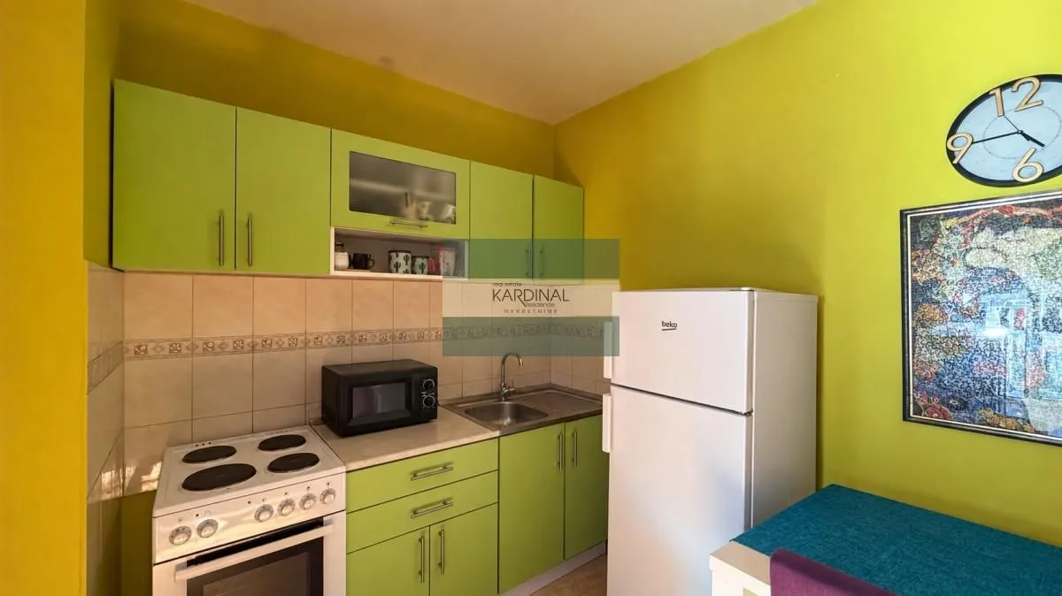 Manja kuhinja sa zelenim elementima, šporetom i frižiderom.