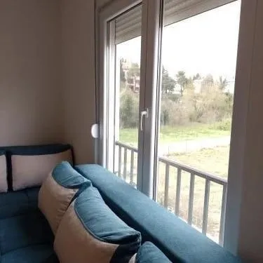 Living room with a sofa next to the window.
