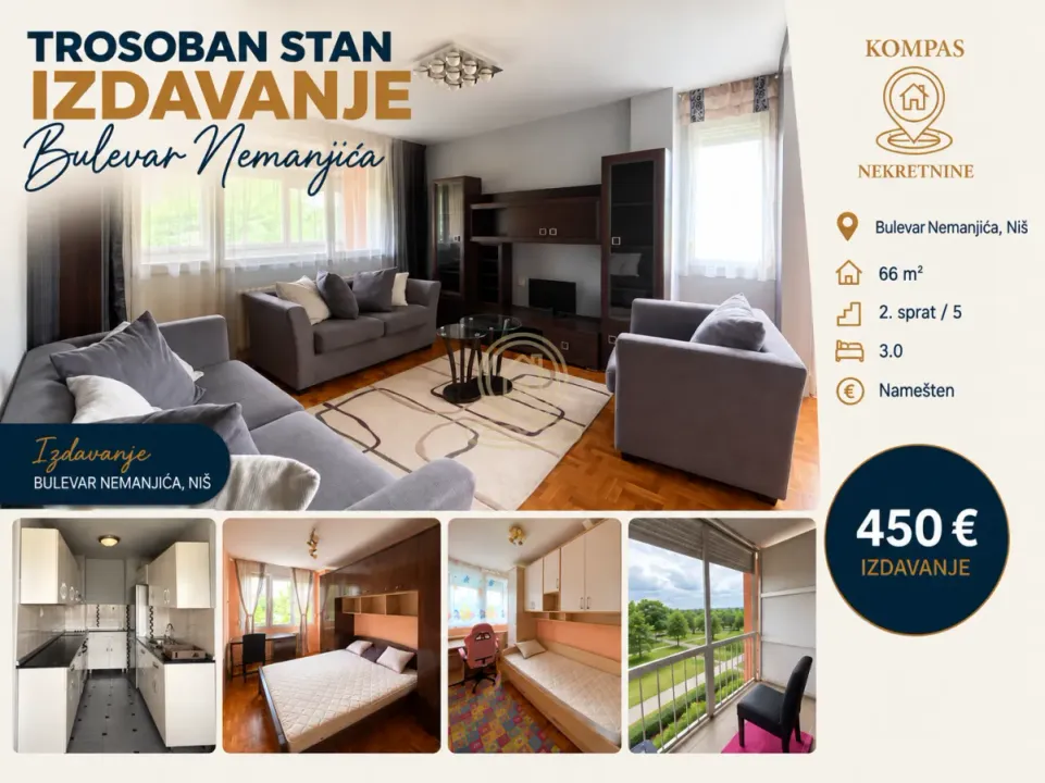 Izdavanje, trosoban stan, 66m², Medijana, Niš