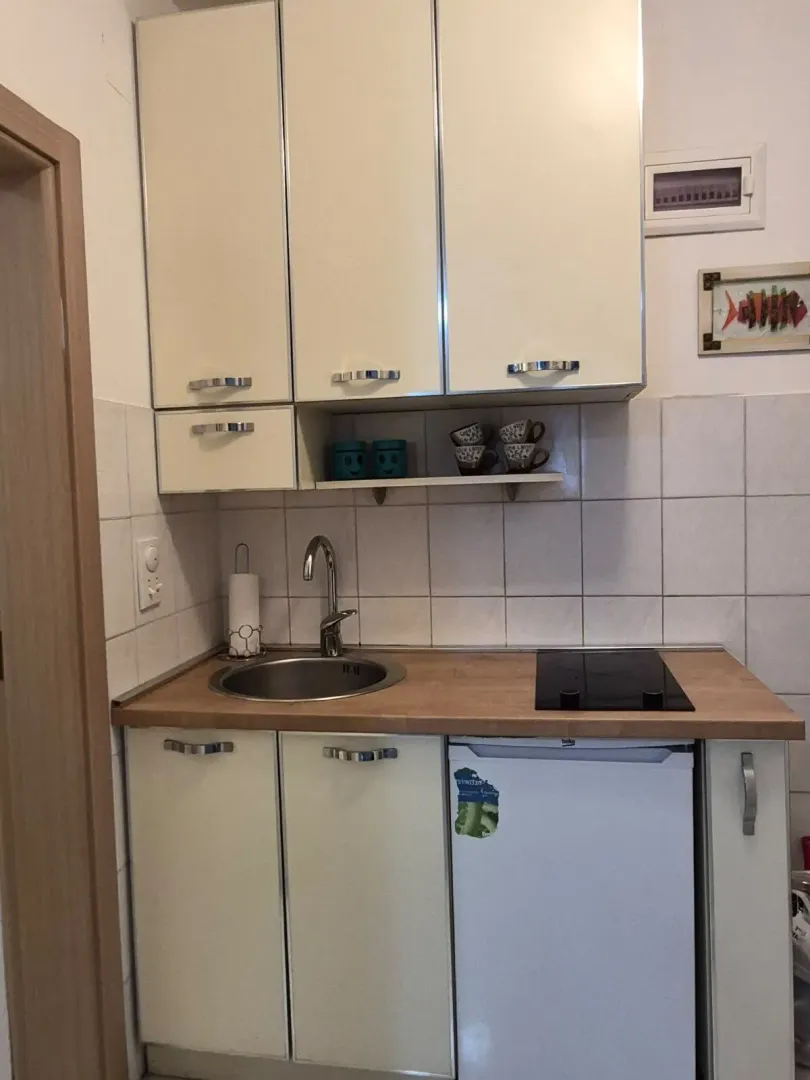 Manja kuhinja sa sudoperom, ugradnom pločom i gornjim elementima.