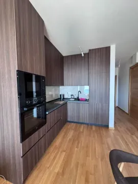 Modern kitchen with dark wood cabinetry and a built-in oven. - image 8