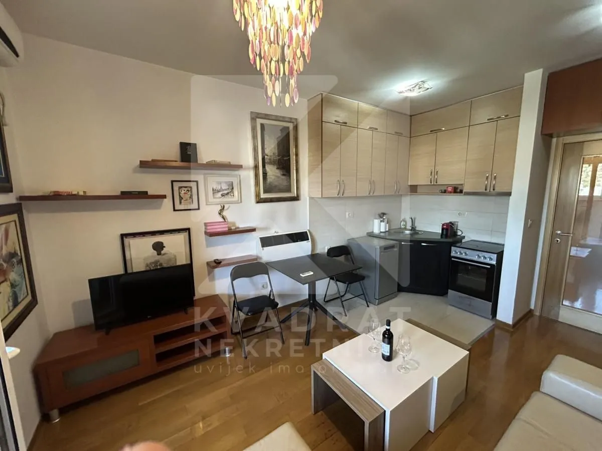 Living room with dining area and open kitchen.