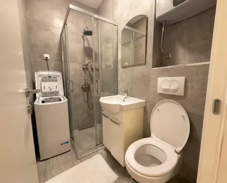 Modern bathroom with a shower cabin, washbasin, toilet, and washing machine. - image 9
