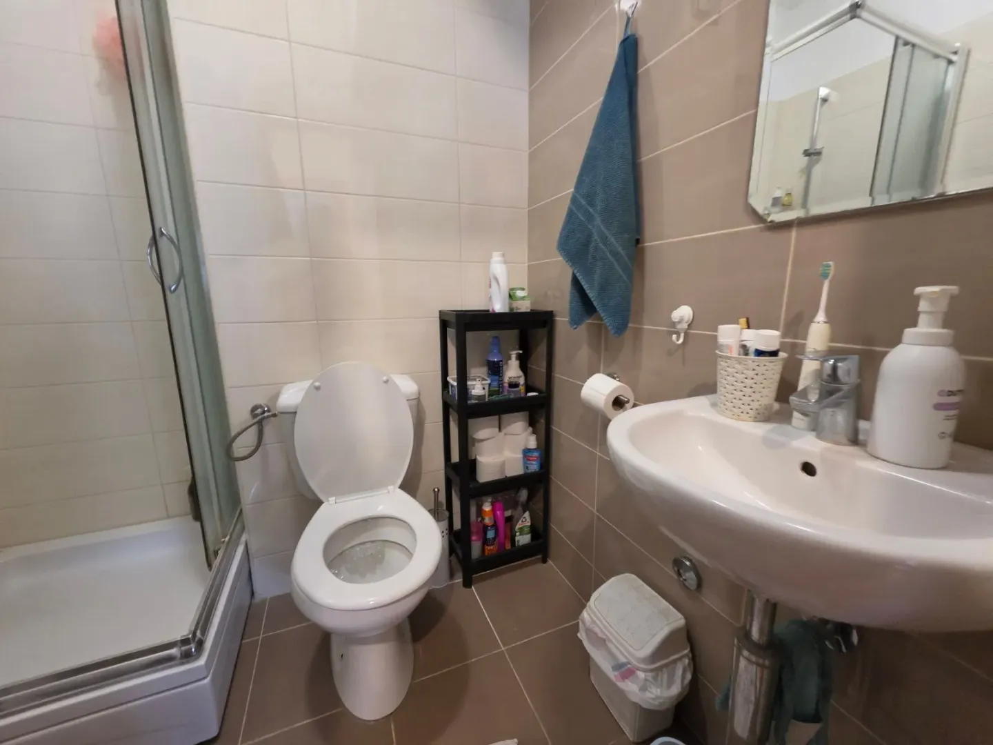 Manje kupatilo sa tuš kabinom, umivaonikom i WC šoljom.
