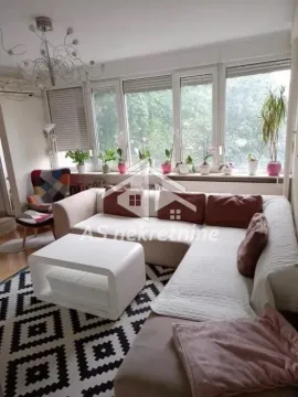 Living room with a sectional sofa, coffee table, and large windows filled with potted flowers. - image 4