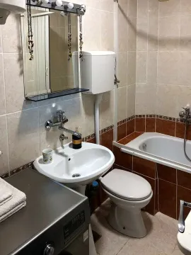 Bathroom equipped with a washbasin, toilet, bathtub, and washing machine. - image 11