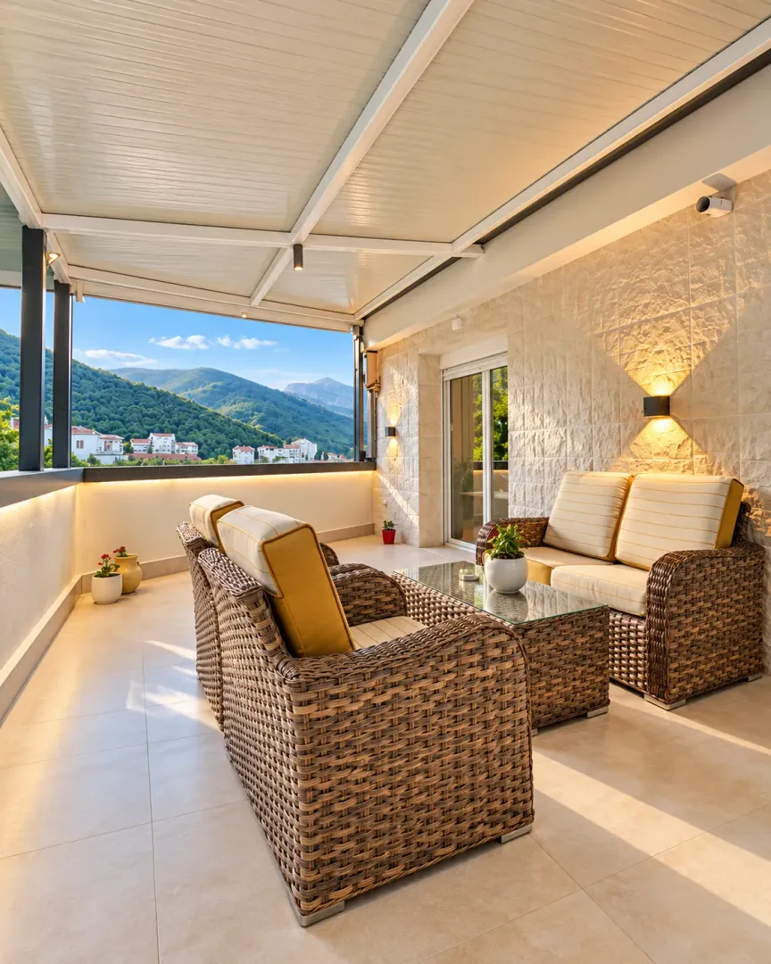 Covered terrace with seating furniture and mountain views.
