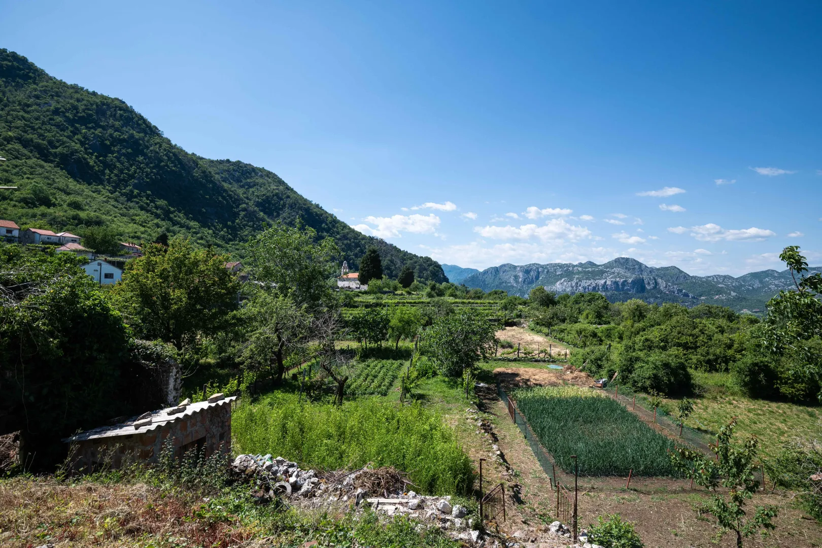Pogled na zeleno dvorište, baštu i okolne planine.
