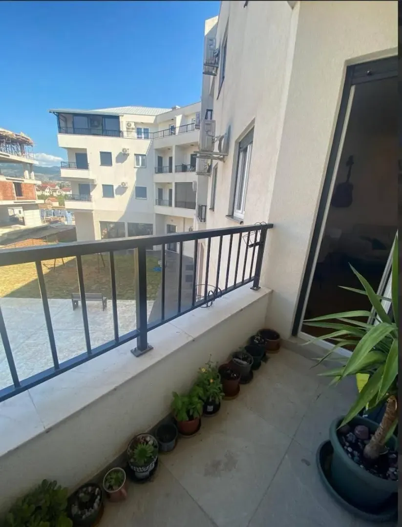 Manji balkon sa ogradom i saksijama sa cvećem.