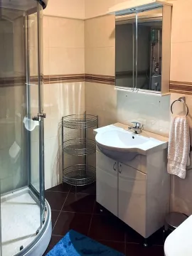 Kupatilo opremljeno tuš kabinom, umivaonikom sa ormarićem i ogledalom. - image 2