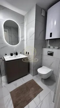 Modernly equipped bathroom with a washbasin, mirror, and wall-hung toilet. - image 6