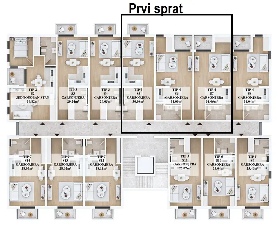 Osnova prvog sprata stambenog objekta sa rasporedom stanova.
