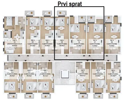 Osnova prvog sprata stambenog objekta sa rasporedom stanova. - image 3