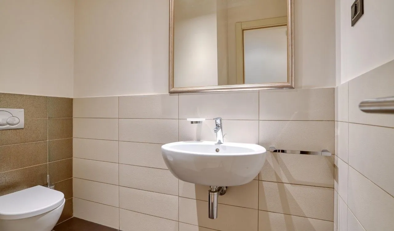 View of the sink and toilet in the equipped bathroom.
