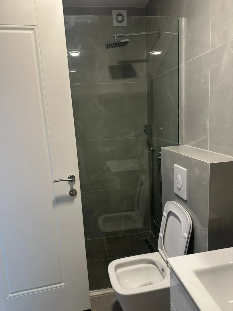 Modernly equipped bathroom with a walk-in shower and sanitary fixtures.