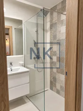 Modern bathroom with a walk-in shower, washbasin, and mirror. - image 9