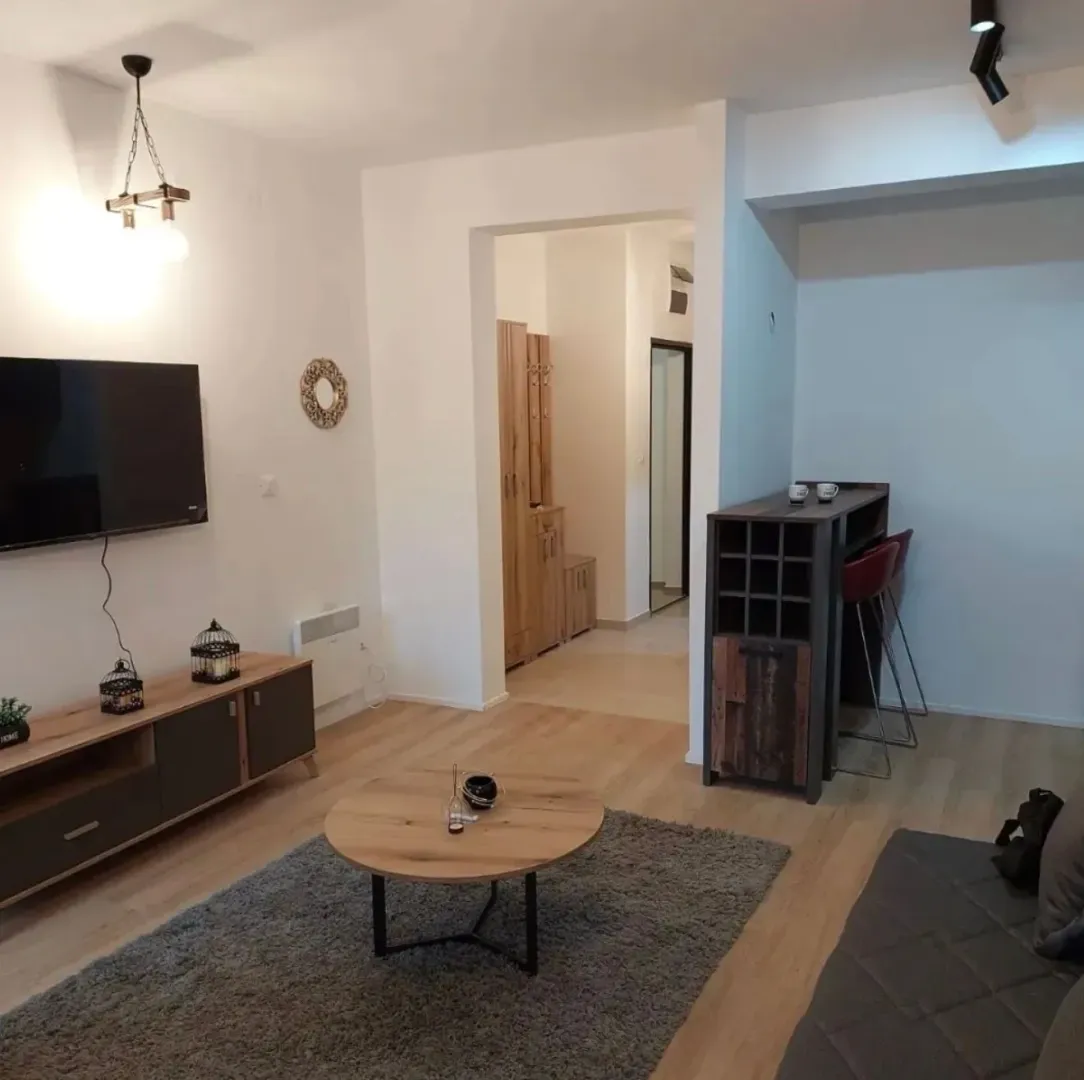 Dnevni boravak sa garniturom, TV-om, stočićem i šankom sa barskim stolicama.