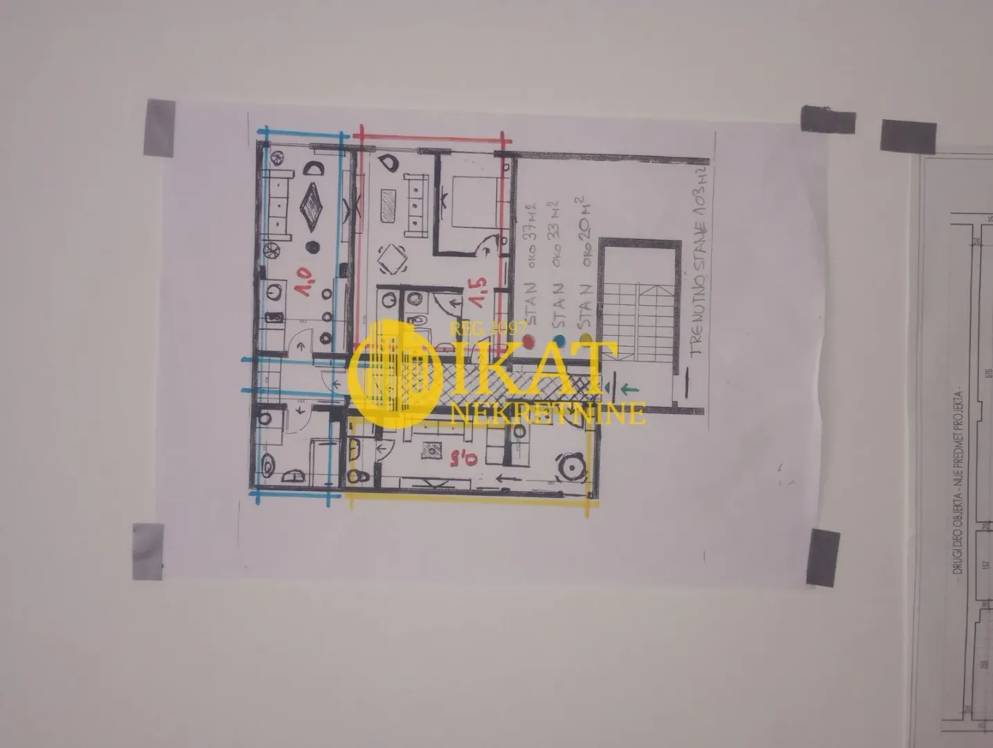 Hand-drawn floor plan of the apartment showing room layout and dimensions.